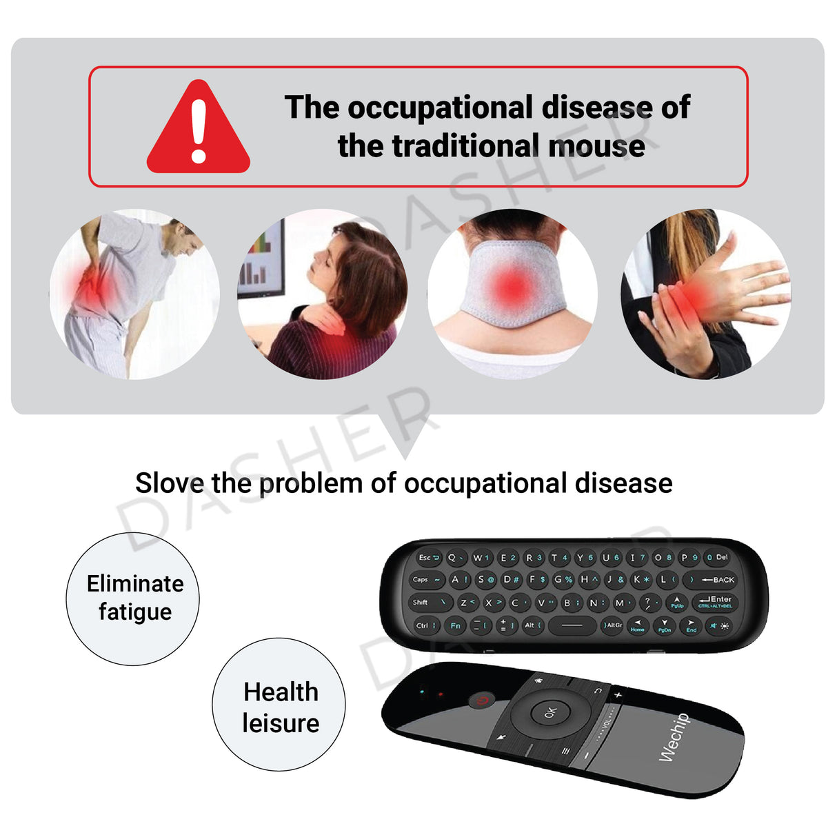 Air mouse keyboard remote with ergonomic shape and central OK navigation