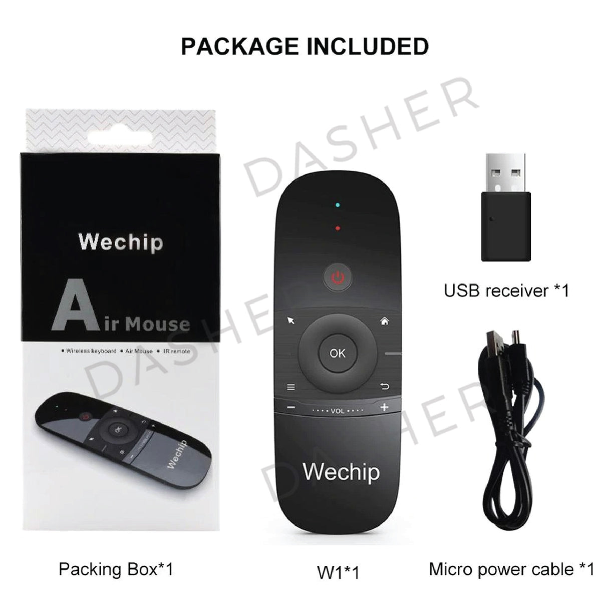 Wechip air mouse package: remote, USB receiver and micro power cable