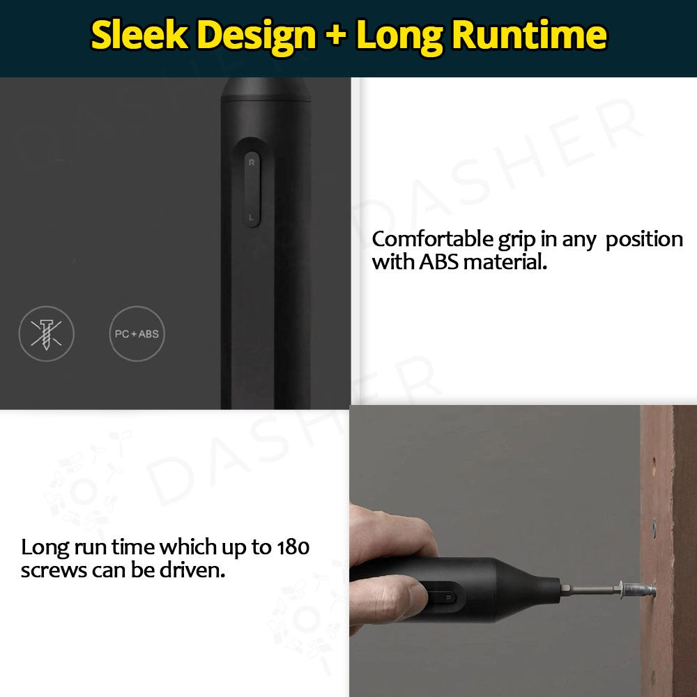 Cordless electric screwdriver with comfortable grip driving a screw