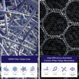 Filter media close-up: blue grid fibers and black honeycomb activated carbon mesh