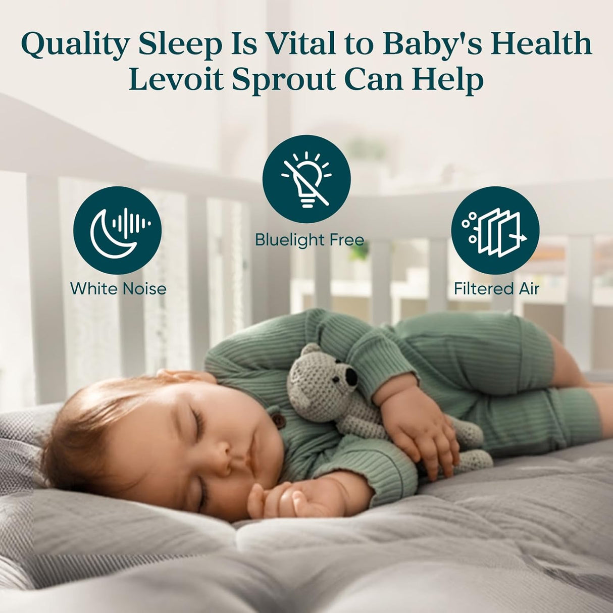 Sleeping baby with white-noise and blue-light-free icon indicators