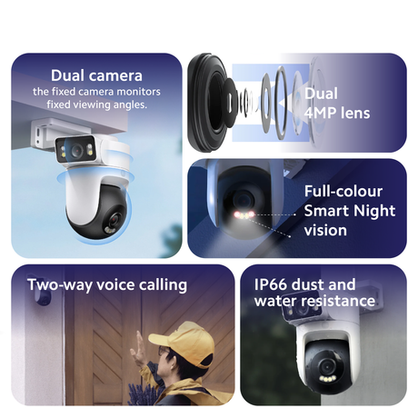 Outdoor dual camera shown from front and side, with two lenses and light rings