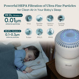 White baby air purifier with blue LED ring next to a sleeping child