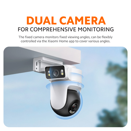 Outdoor dual camera with white mount and two front lenses, angled for coverage