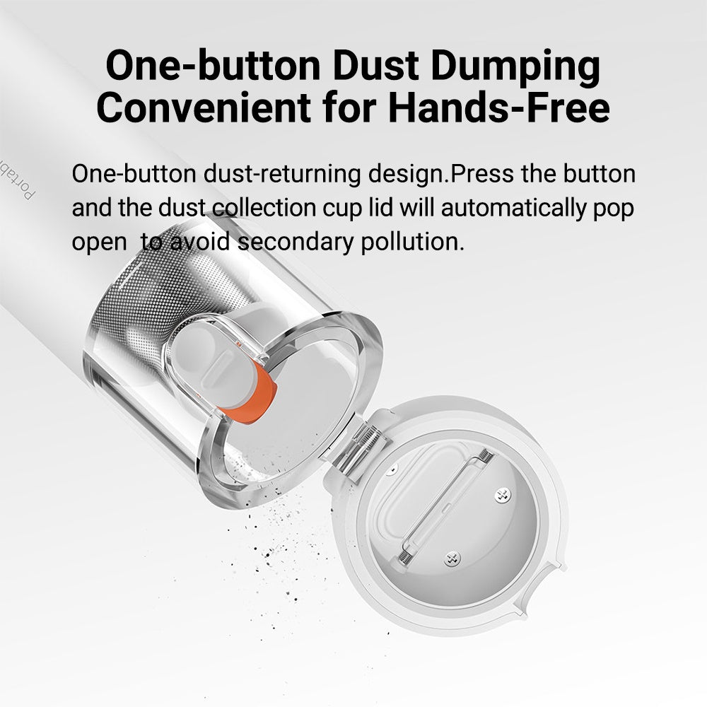Mini vacuum cleaner with one-button dust dumping, open dust container.