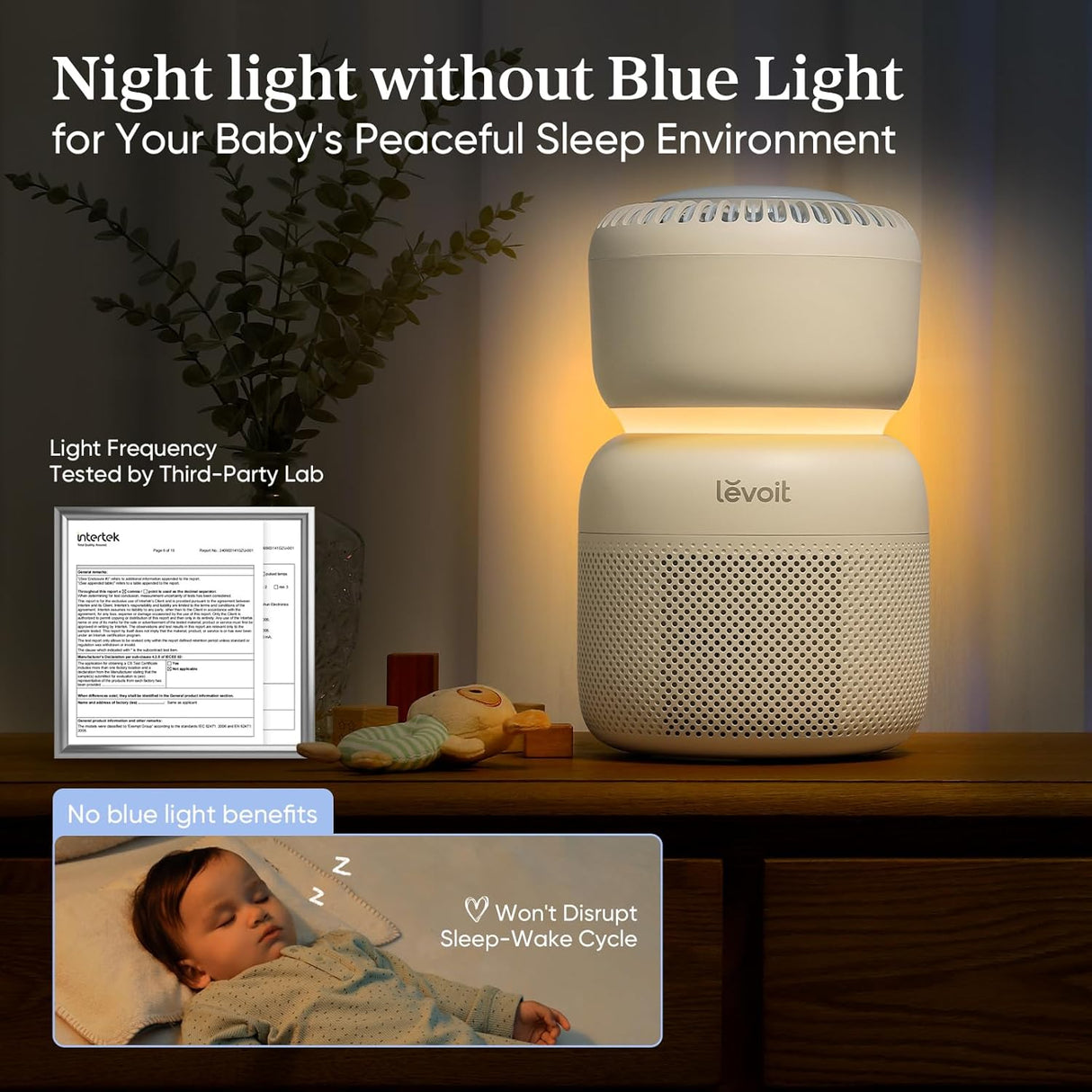 Air purifier with warm night-light glow, blue-light-free night mode