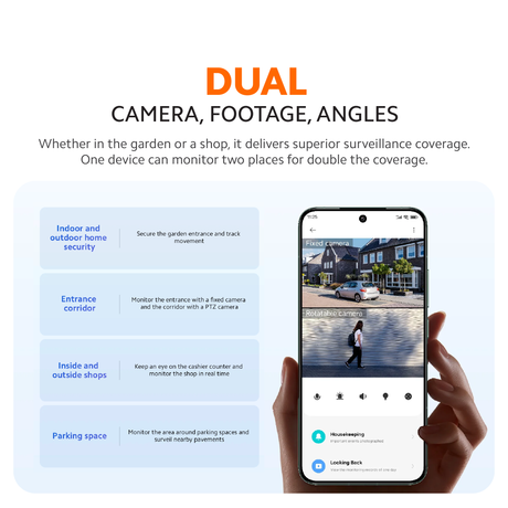 Outdoor dual camera on wall with smartphone app view for monitoring angles