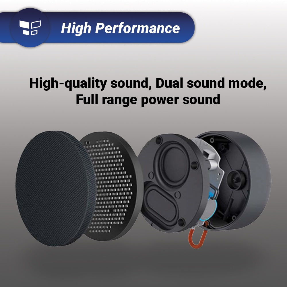 Mini Bluetooth speaker open view, round mesh front with internal drivers and orange strap
