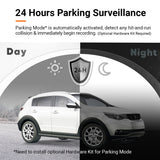 Dash cam parking surveillance graphic showing day and night 24-hour monitoring