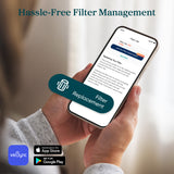 HEPA filter replacement shown with phone app screen and filter icon