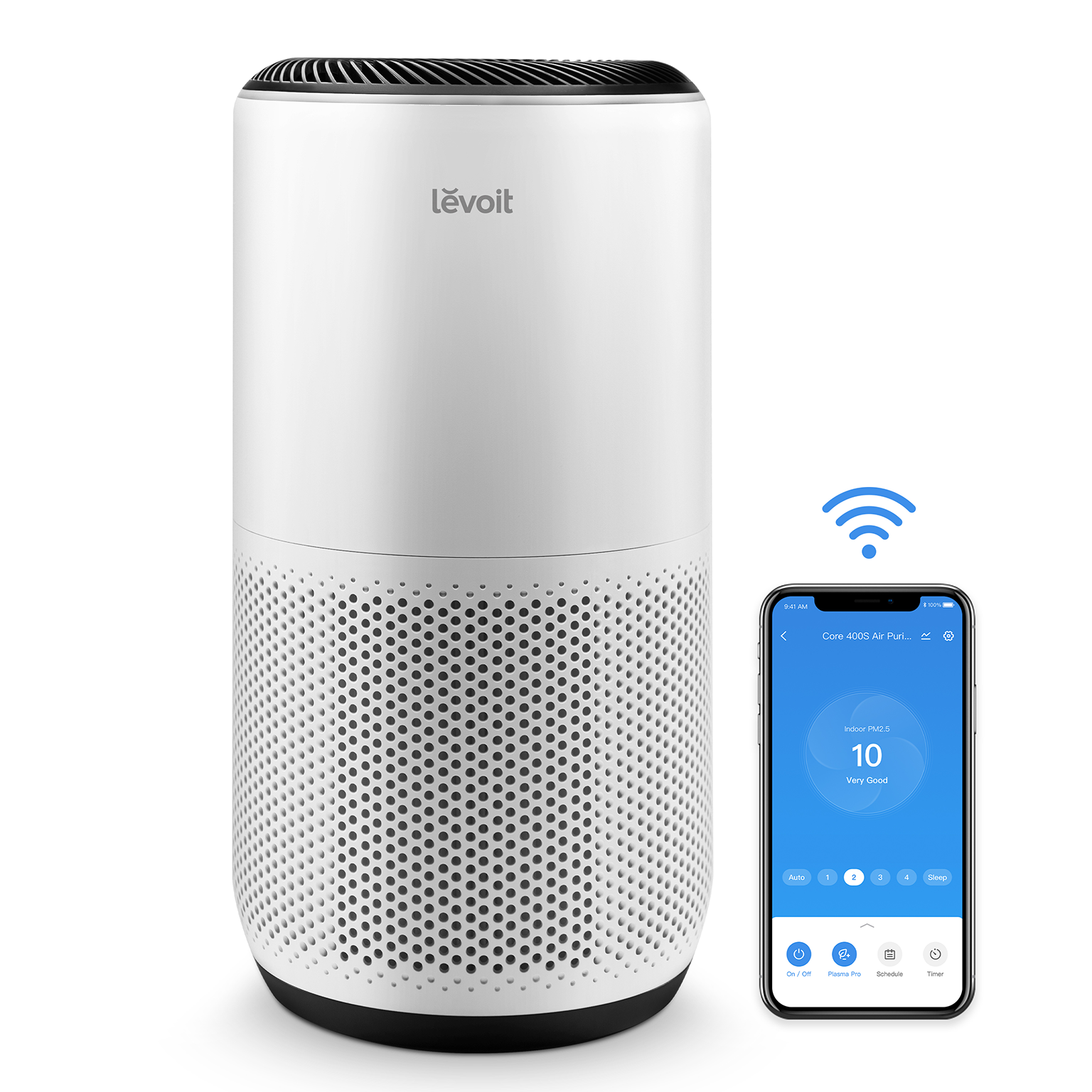 Levoit Core 400S smart HEPA air purifier, white cylinder with top vent and app control