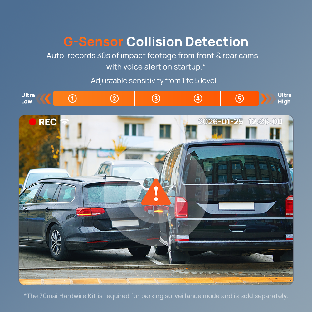 Dashcam collision detection feature with auto-recording and adjustable sensitivity
