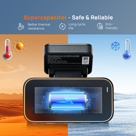 70mai dash cam unit with supercapacitor and safe, long-life icons