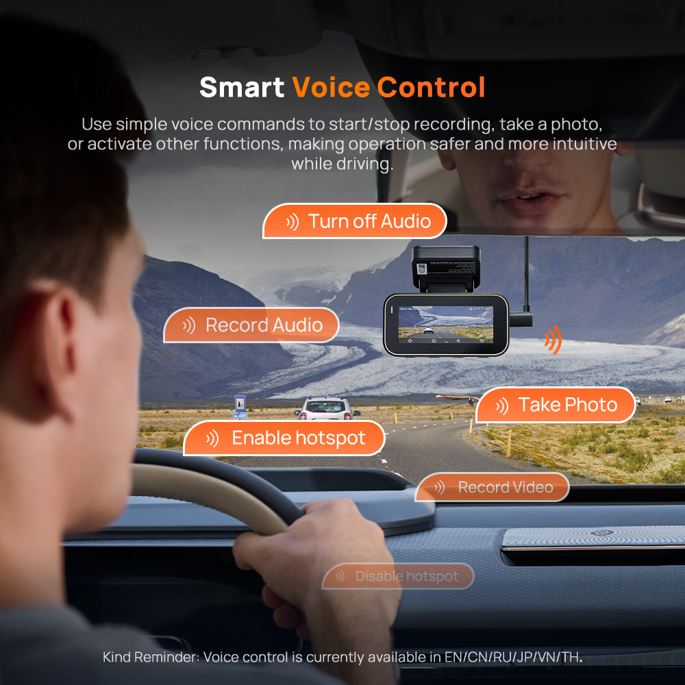 Dashcam with smart voice control and options for taking photos and recording