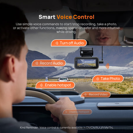 Car dash cam with smart voice control icons for recording and taking photos