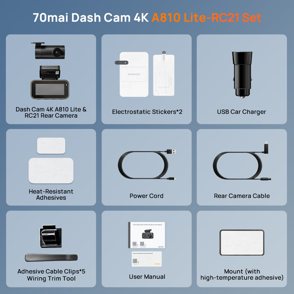 Dash cam kit with front camera, RC21 rear camera, cables, USB car charger, stickers