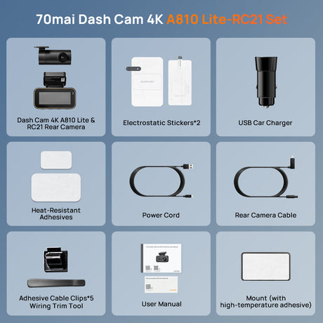 70mai A810 Lite 4K dash cam kit contents with front camera, rear camera, and cables