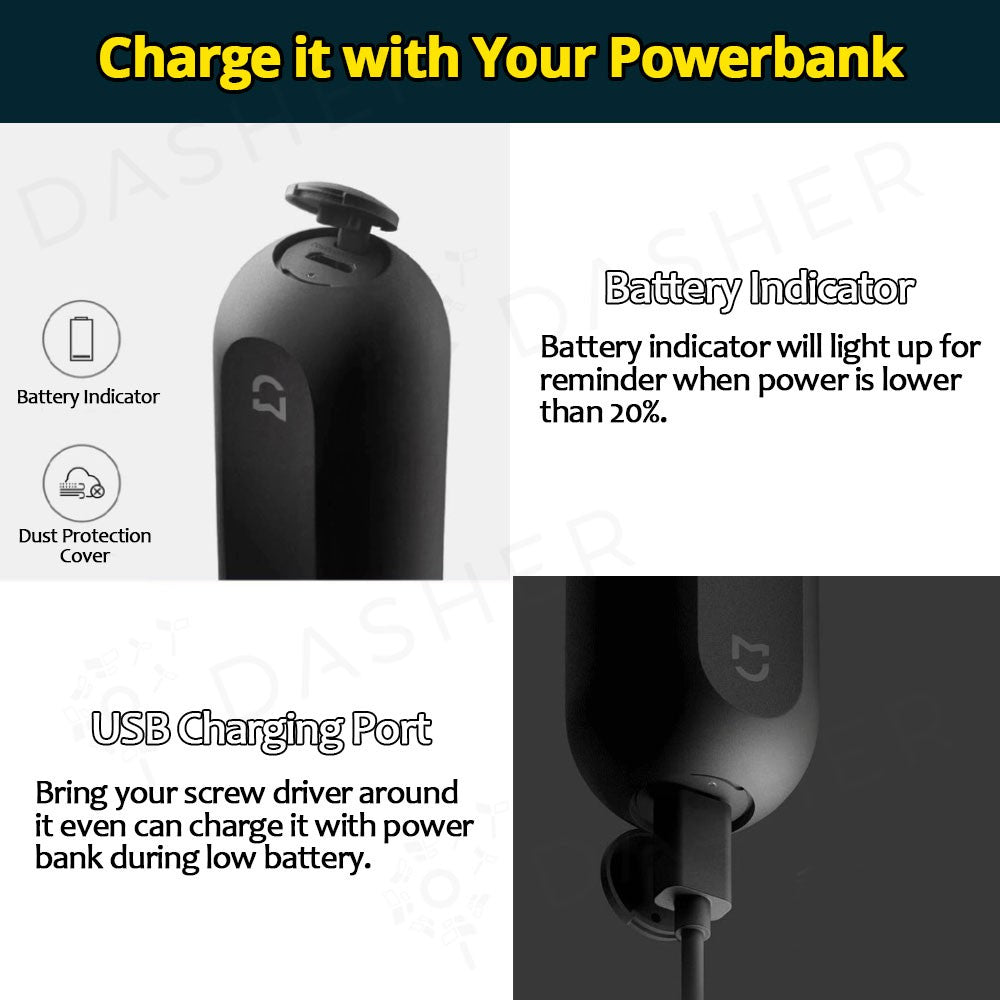 Cordless screwdriver with USB charging port and battery indicator on body