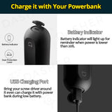 Cordless screwdriver with USB charging port and battery indicator on body
