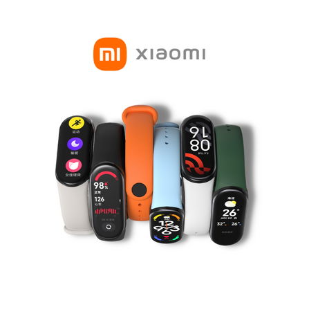 Mi Band 8 replacement strap in orange, plus black, light blue, white, green options shown