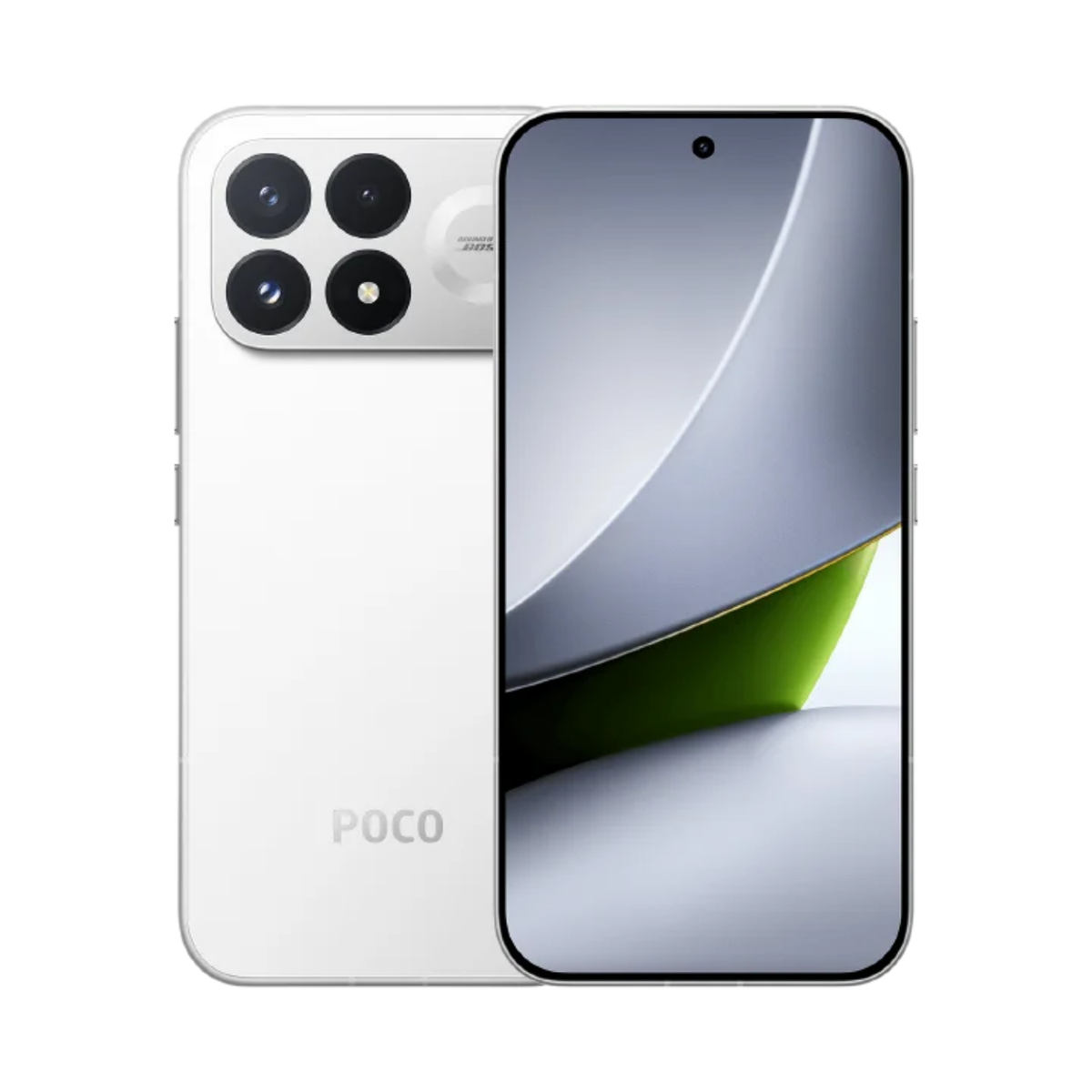 POCO F9 Pro smartphone, white back with quad rear camera and front display