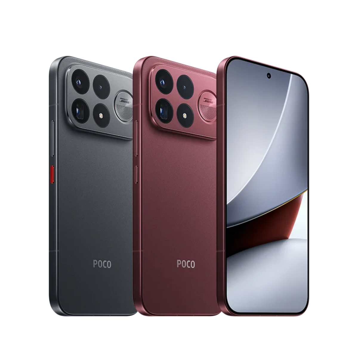 Smartphone triple view showing black and cherry red backs and front display