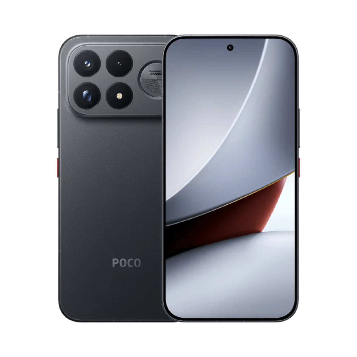 Black smartphone front and back view with quad-camera module