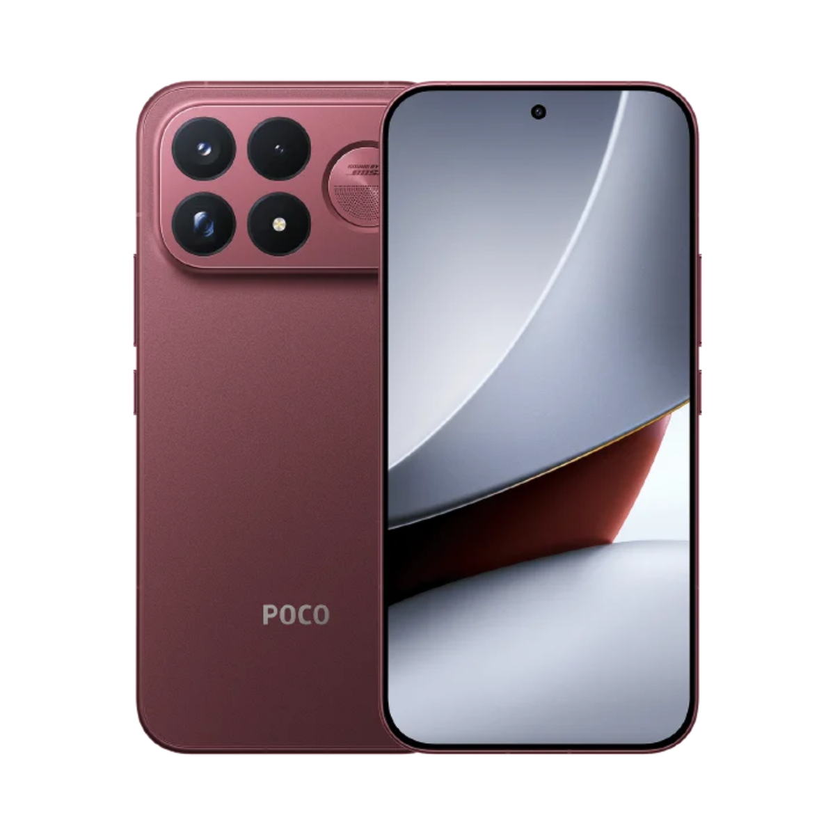 Cherry red smartphone front and back view with quad-camera module