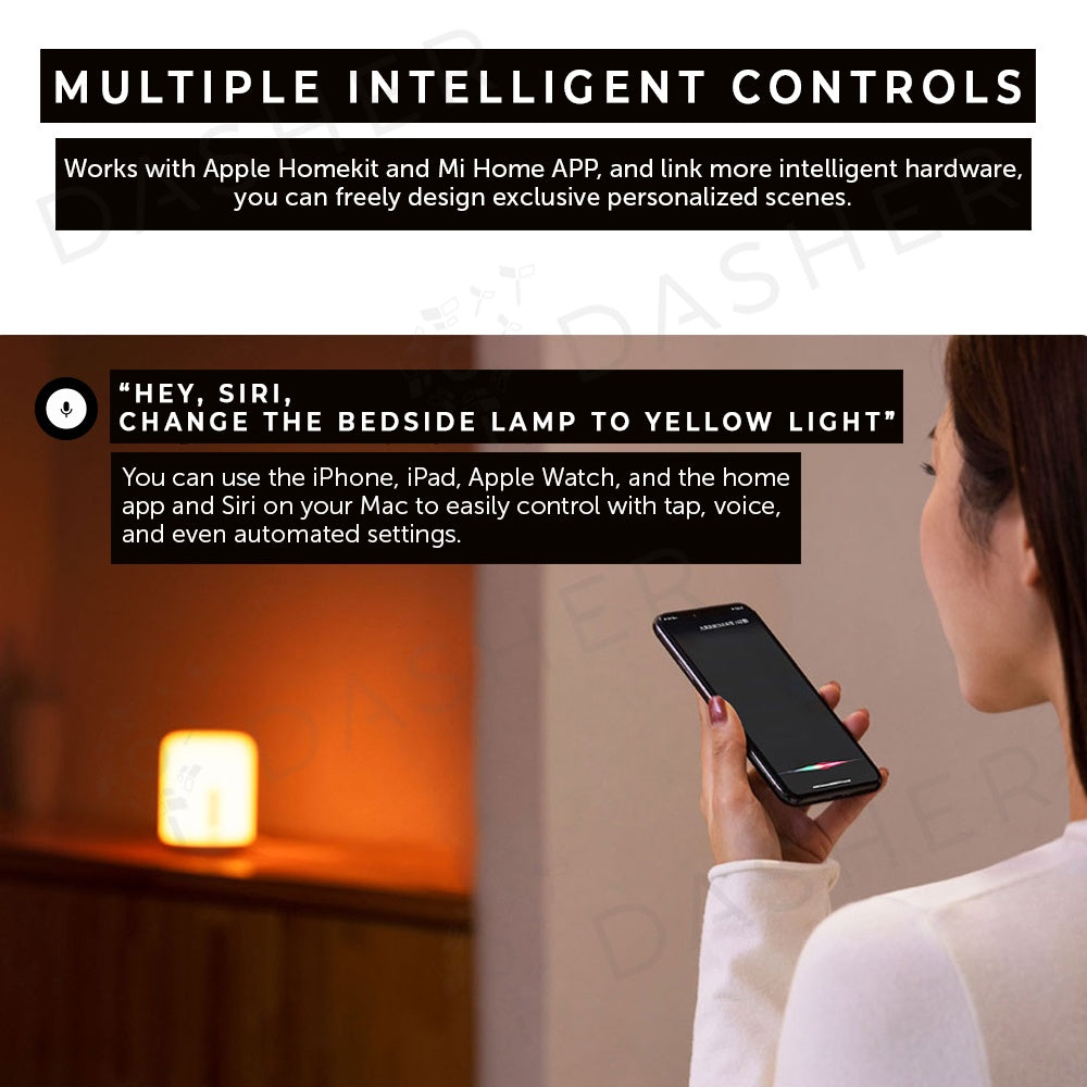 White bedside lamp glowing softly with brown vertical control strip