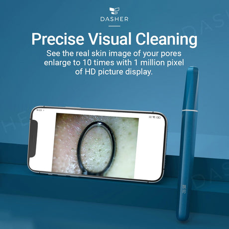 Blue smart pore cleaner tool next to smartphone showing a magnified pore view