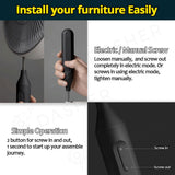 Black electric screwdriver held in hand with electric/manual screw directions