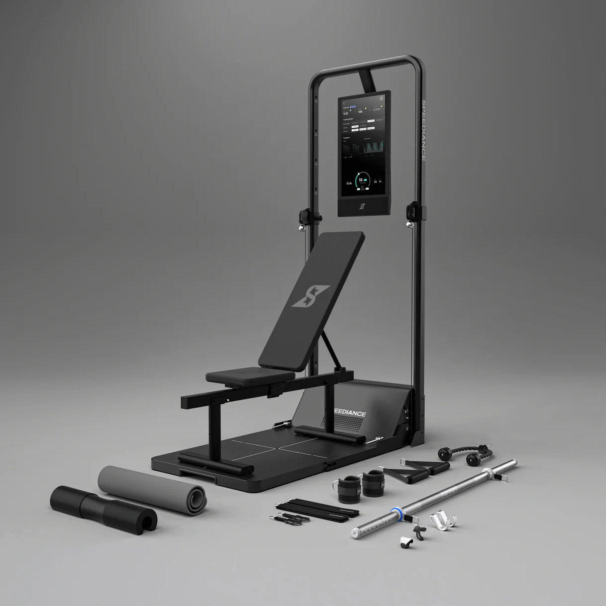 Speediance Gym Monster 2 mit Touch-Display, geneigter Bank und Trainingsgriffen