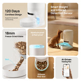Automatic pet feeder with open hopper and kibble bowl, showing smart weight/infrared