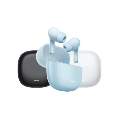 Light blue wireless earbuds with open charging case and two earbud stems
