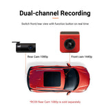 Dual-channel dash cam with front 1440p camera and rear 1080p camera, car view diagram.