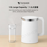 1.5L electric kettle with white body, spout, and handle next to glass cup