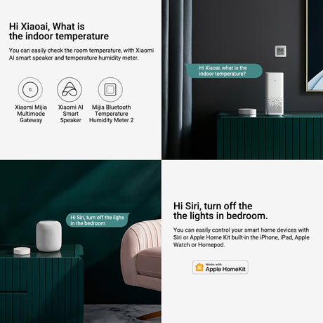 Smart home hub on shelf with indoor temperature prompts and Siri control icons