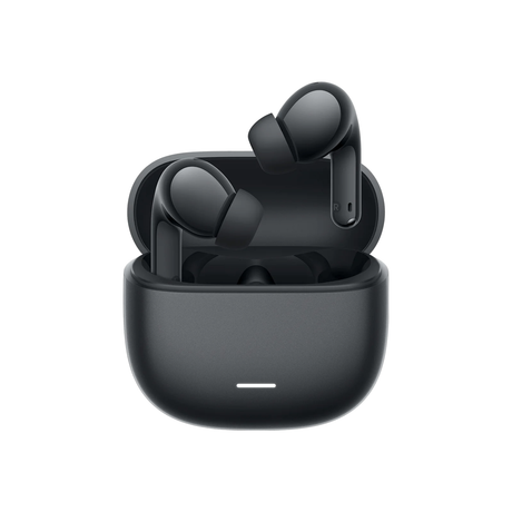 Black wireless earbuds with charging case