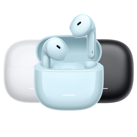 Light blue in-ear earbuds with matching charging case