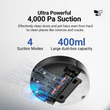 Robot dust collection infographic showing suction modes and large dust-box capacity