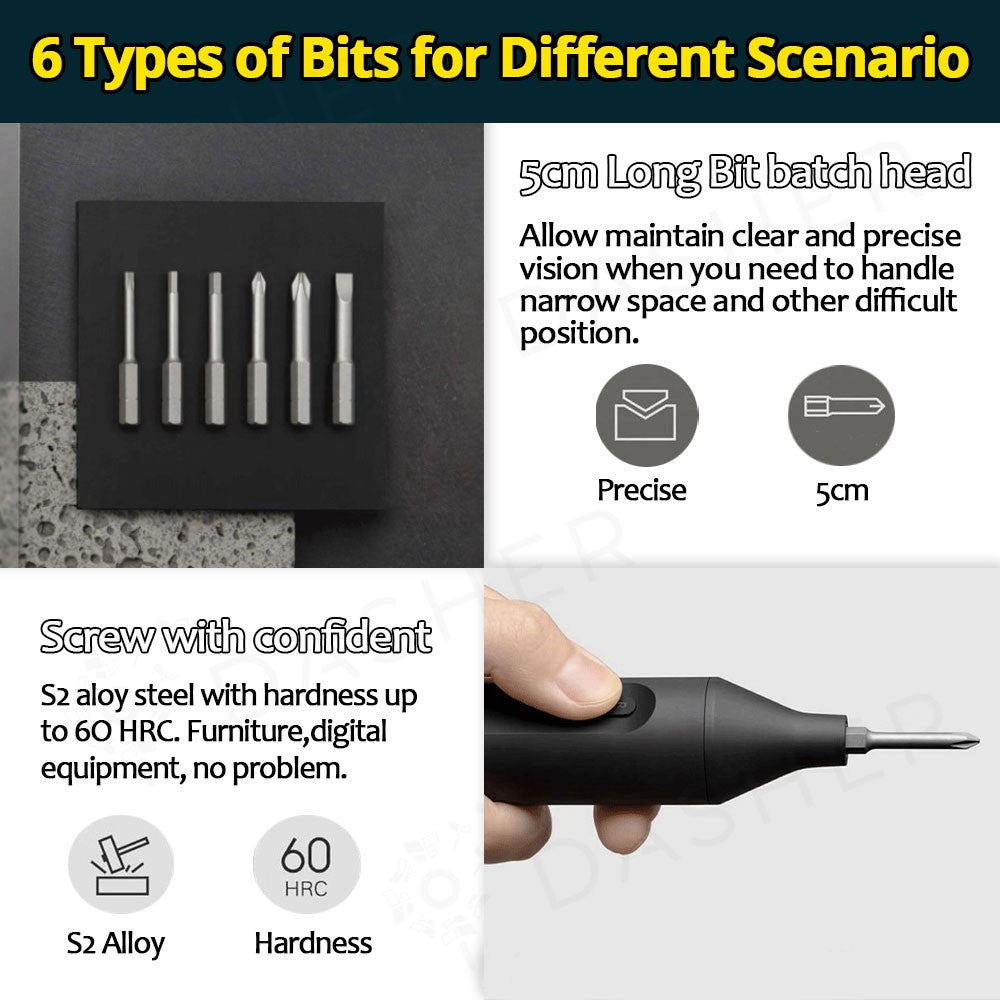 Bit set with S2 alloy tips and long bit head, shown with electric screwdriver