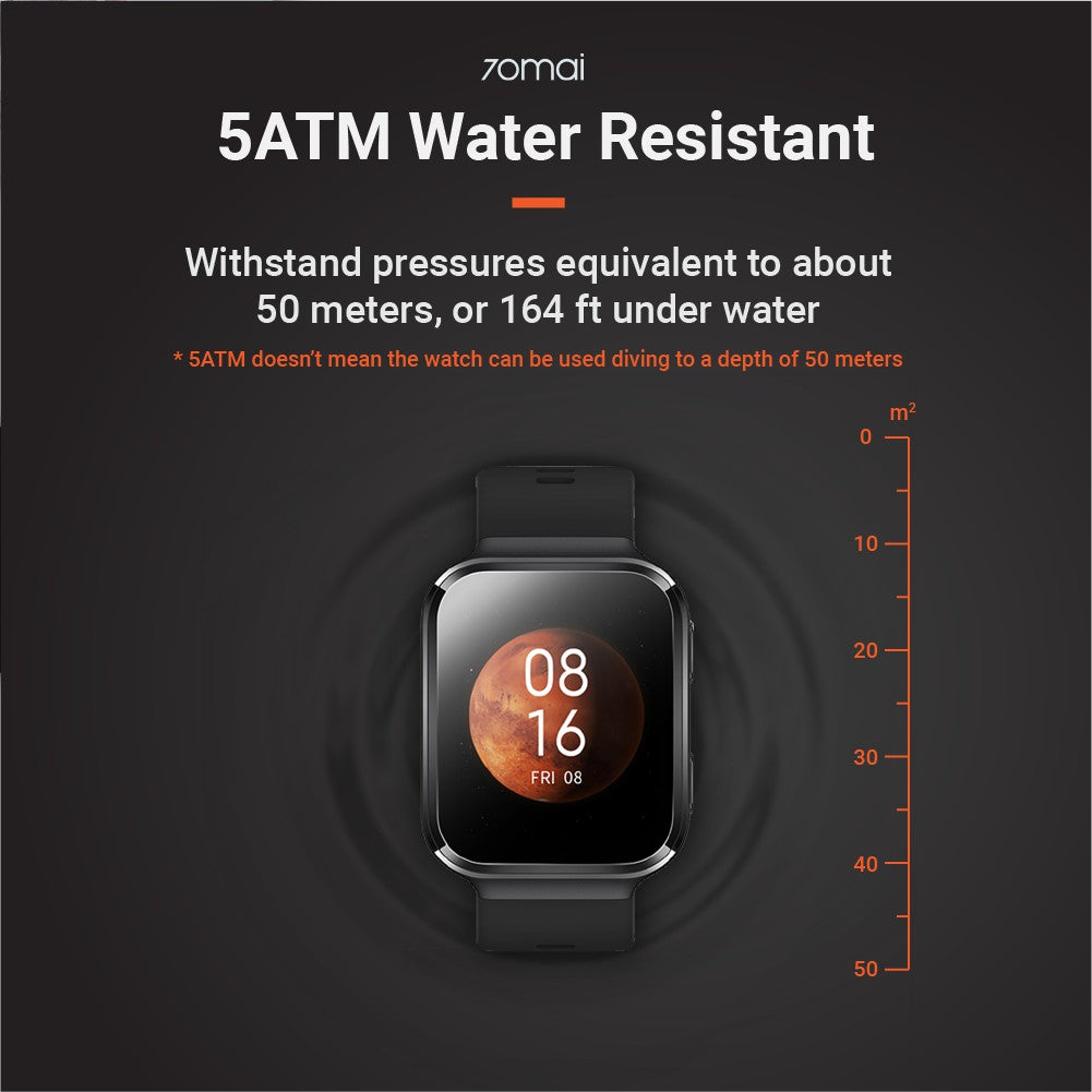 Black square smartwatch with orange time and date on the display