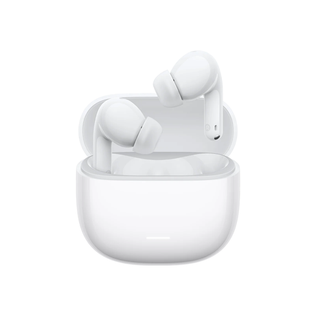 White wireless earbuds standing in an open charging case