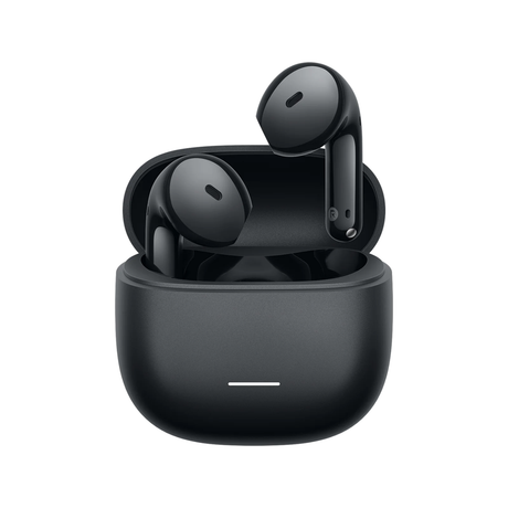 Black in-ear earbuds in a charging case, front view