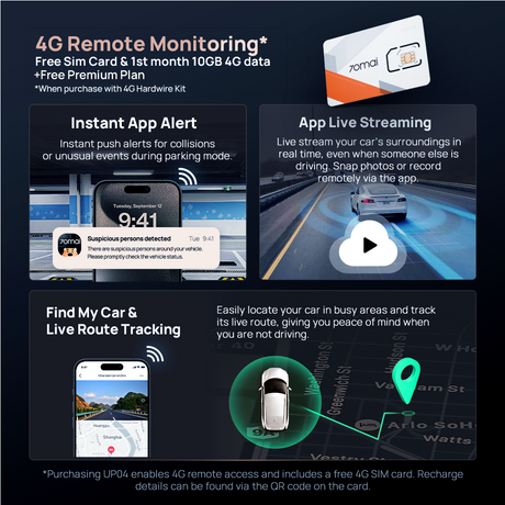 A800SE 4G dashcam remote monitoring app screen with live streaming and alert icons