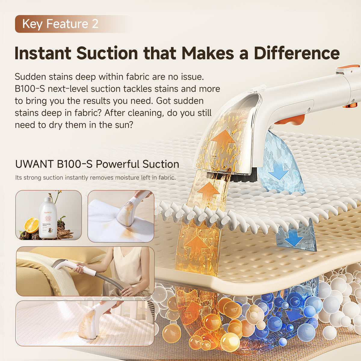 Spot cleaner instant suction feature panel with nozzle and hose attachment