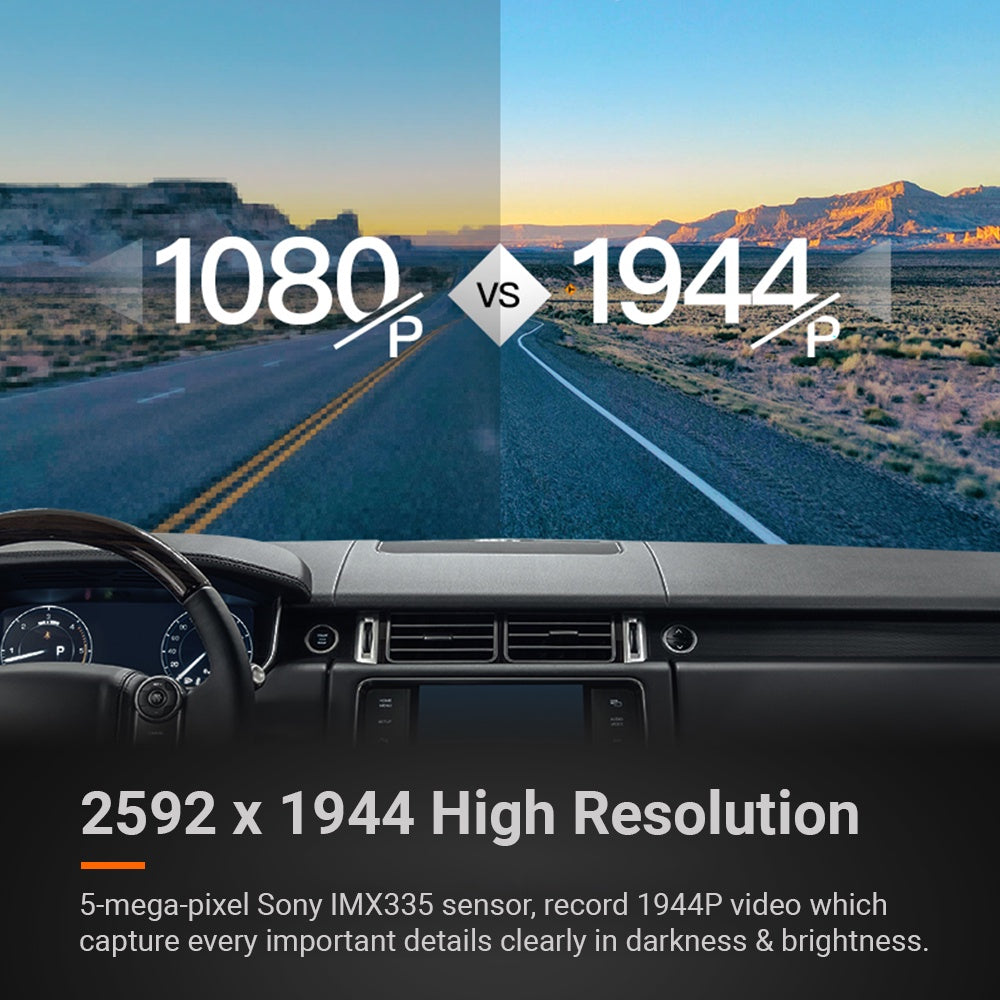 Dash cam video quality comparison graphic with road scene and resolution labels
