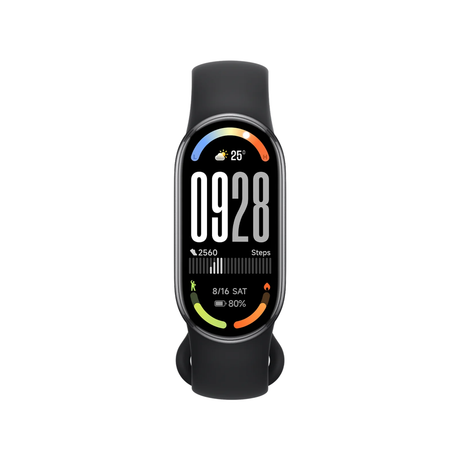 Fitness smart band with black strap, screen showing 0628 and activity details