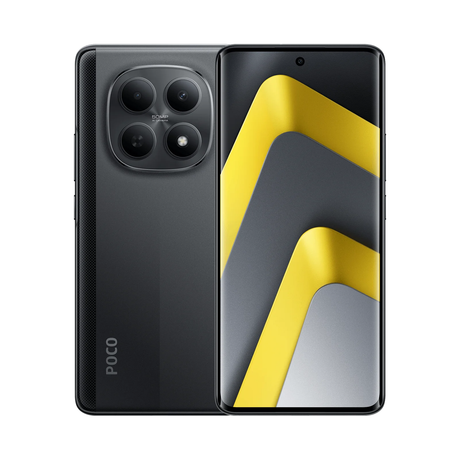 Black smartphone front and back with quad camera module and yellow geometric pattern