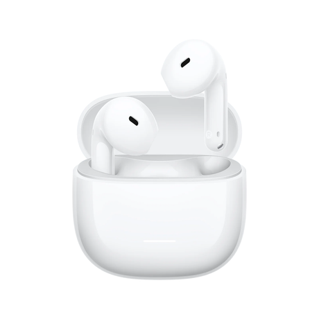 White wireless earbuds in open charging case, two earbuds shown